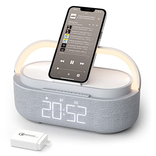 Bluetooth Speaker Alarm Clock & Wireless Charger for Bedside, Home, Office | FM Radio, Adjustable LED Night Light, 6 in 1 Bedroom Portable Speaker 2500mAh, Phone Stand - color: Gray