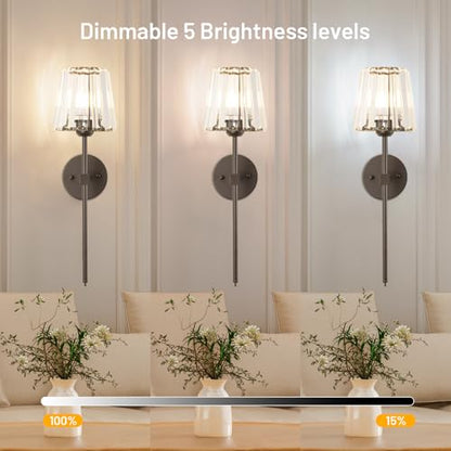 Crystal Battery Operated Wall Sconces Set of 2, Brown Rechargeable Wireless Wall Lights with Crystal Lampshade, 12 RGB and 3CCT Dimmable Wall Lamps with Remote for Bedroom Living Room Hallway - color: Brown