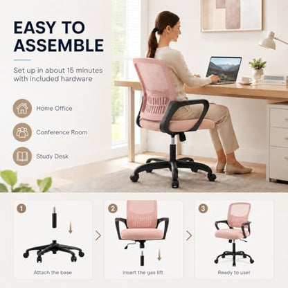 Ergonomic Office Chair, Home Office Desk Chair, Game Chair with Lumbar Support, Breathable Mesh Chairs, Swivel Desk Chairs for Computer, Home, Office, 360° Swivel (Pink) - color: Pink With Fixed Armrest