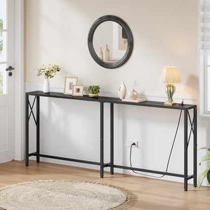 Gewudraw 70" Sofa Table Behind Couch with Socket-Narrow Console Table,Black | Industrial Style, Long Skinny Design,Couch Table For Hallway,Living Room,Bedroom, Built-In Power Outlets & USB, 172cm Length - color: Black, size: 70 in
