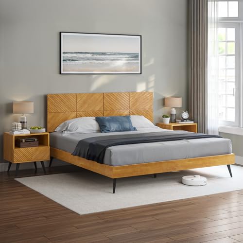 Bme Rhombus King Bed Frame – Solid Rubber Wood with Geometric Rhombus Headboard, Teak Brown Finish, Scandinavian Modern Platform Bed with Sturdy Slats & Metal Legs, No Box Spring Needed - color: Teak Brown, size: King, style: Scandinavian