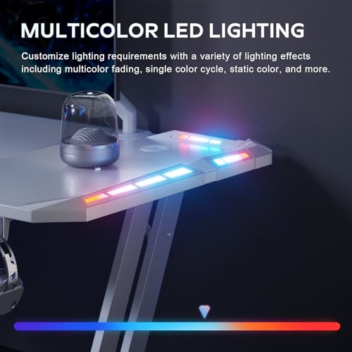 HLDIRECT 47 Inch Gaming Desk with App-Controlled RGB LED Lights, White | Z-shaped frame design, cup holder, headphone hook, cable management & mouse pad, for dual-monitor gaming and work setup - size: 47 INCH WHITE
