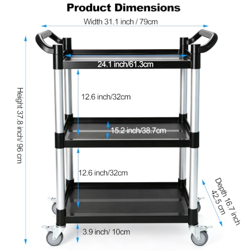 3-Tier Heavy Duty Utility Cart with 4 Silent Lockable Wheels (Small) | Easy Assembly, Lightweight Sturdy Mobility; Cart for Restaurant Salon Warehouse Office Hotel Janitorial Service &Household - size: Small
