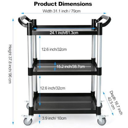 3-Tier Heavy Duty Utility Cart with 4 Silent Lockable Wheels (Small) | Easy Assembly, Lightweight Sturdy Mobility; Cart for Restaurant Salon Warehouse Office Hotel Janitorial Service &Household - size: Small