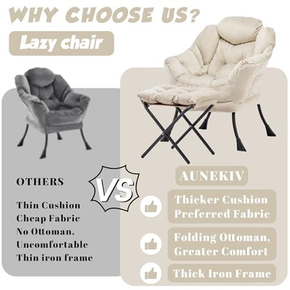 Lazy Chair with Ottoman, Comfy Reading Chair, Beige | Cushioned Seat with Foldable Ottoman and Side Pocket, Lounge Chair for Bedroom, Living Room, Dorm and Small Spaces - color: Cream