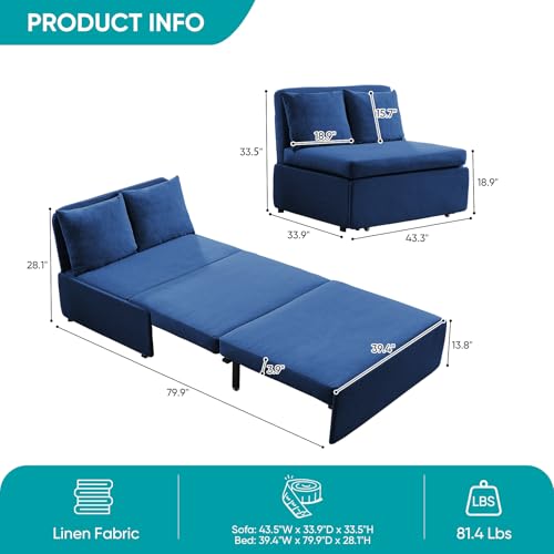 BALUS 43" W Twin Size Sleeper Couch Bed Pull Out Sofa with Pullout Beds, 2 in 1 Convertible Linen Single Sleepers Sofas Chair with Foldable Mattress and Pillows for Small Space Apartment, Blue - color: Blue, size: Twin