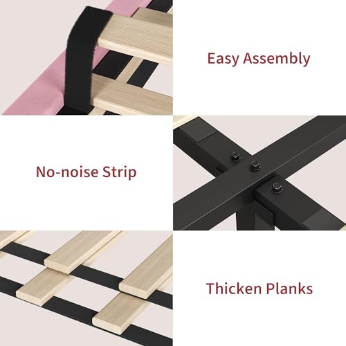 Garvee Full Size Platform Bed Frame with Upholstered Headboard, Pink | Fully Velvet Upholstered Mattress Foundation with Height Adjustable Headboard, No Box Spring Needed, Easy Assembly - color: Pink, size: Full