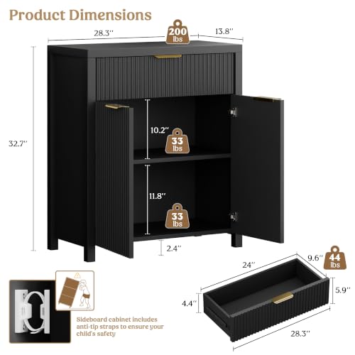 Fluted Buffet Cabinet for Kitchen, 28.3" Sideboard Cabinet Black | Adjustable Shelves, Quiet Full-Extension Slides, Curved Metal Handle, Coffee Bar with Drawers for Dining Room, Entryway - color: Black, size: 13.8"D x 28.3"W x 32.7"H