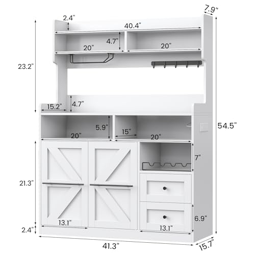 VVFLU Hutch Storage Buffet Cabinet with Drawers, and Charging Station, Coffee Bar Cabinet with Barn Doors, Wine Rack and Hooks, White Wood Sideboard Buffet for Kitchen, Dining Room, 54.5" High - color: White/Wood, size: 15.7"D x 41.3"W x 54.5"H
