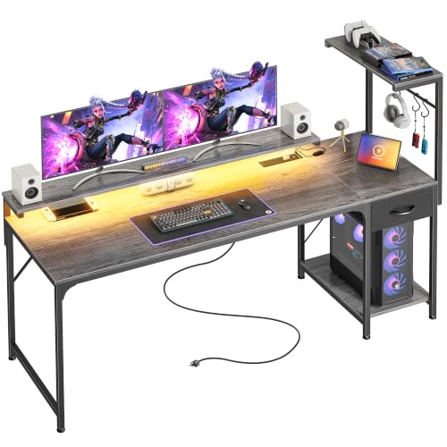 63 Inch Gaming Desk with LED Lights & Power Outlets | Computer Desk with Drawer & Storage Shelves, Office Writing Desk with Monitor Stand for Work from Home, Grey - color: Grey, size: 63 Inch