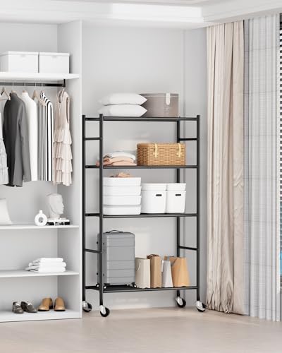 Sakugi 4-Tier Storage Shelves 33.1" x12.6" x58.9" Black with Wheels | Kitchen, Closet, Pantry, Garage, Heavy Duty, Adjustable Feet, Metal Construction - color: Black, size: 33.1W x 12.6D x 58.9H(4T)