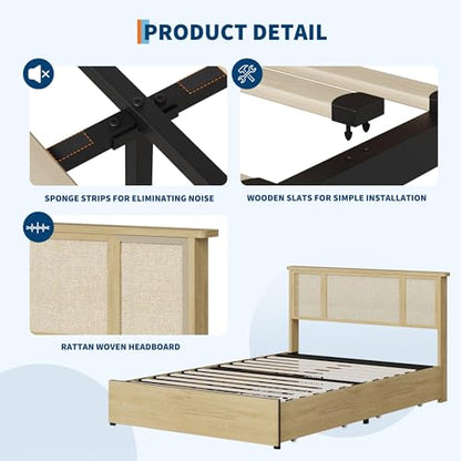 GarveeHome Full Bed Frame with Natural Rattan Headboard, Sturdy Metal Base with Durable Wooden Slats, Boho-Style Cane Mattress Support, No Box Spring Needed