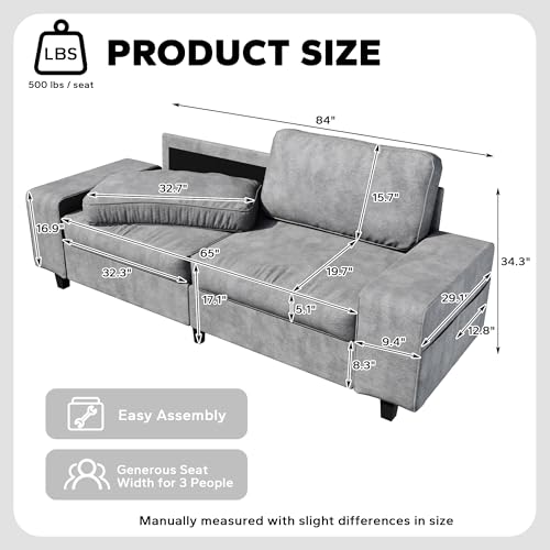 84" Chenille Loveseat Couch, 3 Seater Retro Sofa with 4 Side Pockets, Removable and Washable Cushions, Mid Century Modern, Living Room, Bedroom, Apartment (Light Grey) - color: Light Grey Chenille, size: 84 "