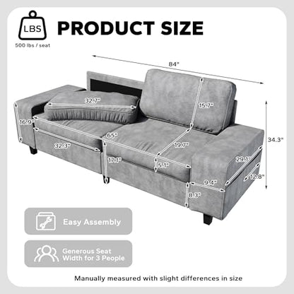 84" Chenille Loveseat Couch, 3 Seater Retro Sofa with 4 Side Pockets, Removable and Washable Cushions, Mid Century Modern, Living Room, Bedroom, Apartment (Light Grey) - color: Light Grey Chenille, size: 84 "