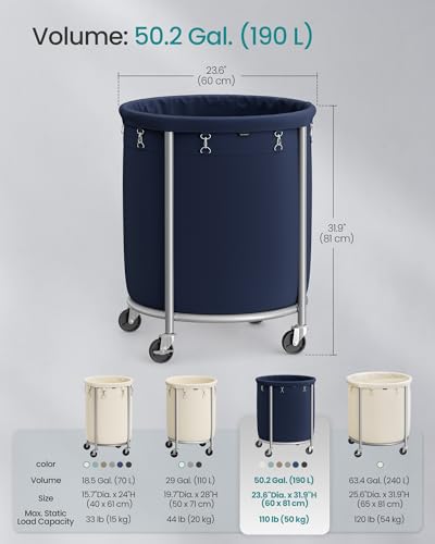SONGMICS Laundry Basket, Rolling Steel Frame with 2 Locking Wheels, 190 L | Heavy-Duty Laundry Hamper Cart with Removable Bag, Charcoal Blue and Metallic Silver, URLS001Q01 - color: Charcoal Blue + Metallic Silver, size: 190 L (1-Section)