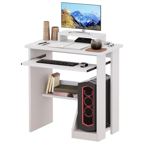 24 inch Desk for Small Spaces, Computer Desk with Monitor Stand, Keyboard Tray & Storage Shelf, Writing Gaming Table for Bedroom, Living Room, Study Room (White) - color: White