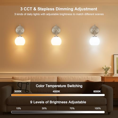 Brushed Nickel Battery Operated Wall Sconce Set of 2, Wireless Rechargeable Sconces Wall Lighting with Remote Control, LED Wall Lights with Opal White Glass Shade, 12 Colors RGB & 3 CCT Bulb - color: Brushed Nickel & Opal Glass, size: Battery 12 Inch