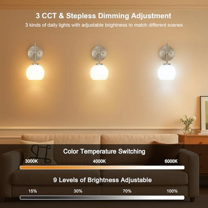 Brushed Nickel Battery Operated Wall Sconce Set of 2, Wireless Rechargeable Sconces Wall Lighting with Remote Control, LED Wall Lights with Opal White Glass Shade, 12 Colors RGB & 3 CCT Bulb - color: Brushed Nickel & Opal Glass, size: Battery 12 Inch