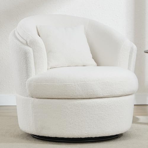 Boucle Swivel Accent Chair, Widened Round Barrel Chair with Pillow | Wide Padded Seat, Upholstered Boucle, Silent 360° Swivel Barrel Armchair for Living Room Bedroom Reading Nook, White - color: White