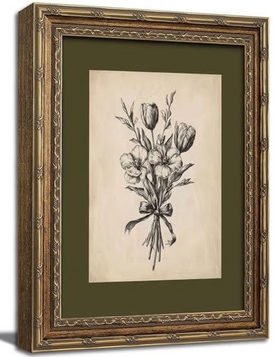 Gold Framed Wall Art Vintage Flower Sketch Wall Art Antique Sage Green Botanical Wall Decor Picture Dark Green Floral Drawing Poster Print for Bedroom Living Room 12x16in - color: Floral, size: 16"l X 12"w