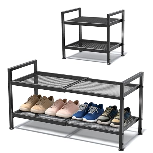 2 Tier Shoe Rack, Expandable Shoe Rack for Closet, Adjustable Shoe Organizer for Entryway, Shoe Storage Organizer for Door Entrance, Garage, Bedroom - color: Black, size: 2-Tier