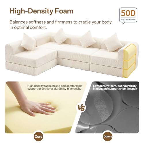112" L Shaped Modular Sectional Sofa with Ottoman, Cloud Boneless Couch Deep Seat with 4 Pillows, Oversized Folding Sofa Bed Couches for Living Room Bedroom,No Assembly-White - color: Cream, size: 4 Seat