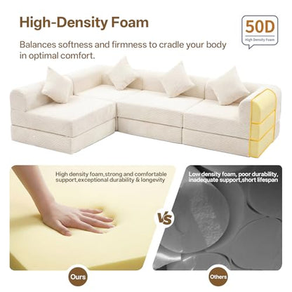112" L Shaped Modular Sectional Sofa with Ottoman, Cloud Boneless Couch Deep Seat with 4 Pillows, Oversized Folding Sofa Bed Couches for Living Room Bedroom,No Assembly-White - color: Cream, size: 4 Seat