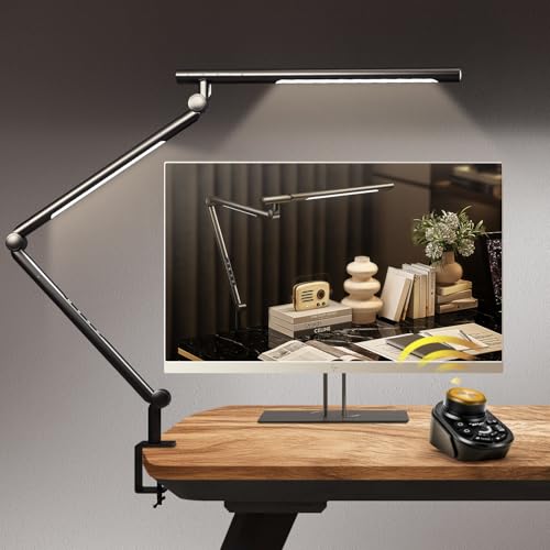 Adjustable LED Desk Lamp Modern Black - Clamp Mount Office Table Light with Desktop Remote Control, Adjustable Brightness & Color Temperature, 5 Lighting Modes for Reading, Computer, DIY