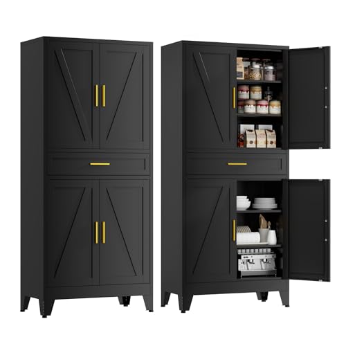 71" Tall Farmhouse Pantry Cabinet,Metal Cabinet with Doors and Shelves,Storage Cabinet for Kitchen Garage,Black 1 Pack - color: Black, size: 15.8"D x 31.5"W x 71"H-2