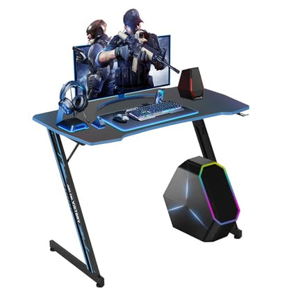 Dkelincs Gaming Desk 39.4 inch Z-Shaped Computer Desk PC Computer Table Home Office Desk Ergonomic Gamer Workstation with Headphone Hook, Blue - color: Blue, size: 39 Inch