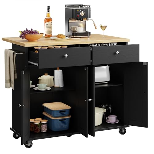 Shintenchi Kitchen Island with Drop Leaf, Rolling Kitchen Cart with Storage on Wheels, Table Bar Cart for Kitchen with Towel Rack & Seating Area for Dining Room, Black - color: Black and Natural