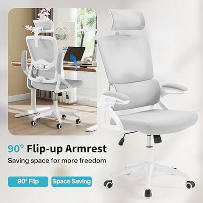 Ergonomic Office Chair,Mesh Office Chair with Lumbar Support,High Back Desk Chair with Flip-up Arms,400 lbs Big and Tall Computer Chair with Headrest,Comfy Desk Chairs (Light Grey) - color: Light Grey