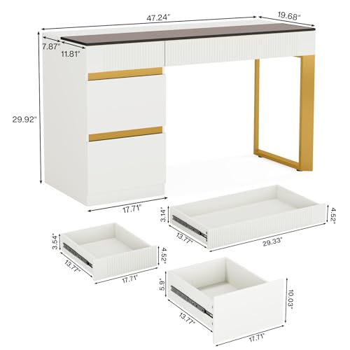 Tribesigns Vanity Desk with Glass Top, 4 Drawers Makeup Vanity Table | Modern Makeup Dresser Desk, White Gold Vanities with Visual Drawer for Bedroom