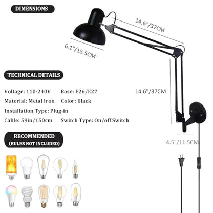 Black Industrial Swing Arm Wall Light Nordic Adjustable Long Arm Wall Sconces Lamp Metal Double-arms Folding Architect Work Wall Mount Lighting for Bedroom Reading Living Room