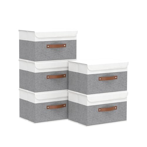 Yawinhe Collapsible Storage Boxes,White/Grey,10.2x7.9x6.7in,5-Pack | Fabric Storage bin with Lids, Washable Cube Organizer Basket; Container with Leather Handle,Closet Organizer for Home - color: White/Grey, size: S/(5 Pack)