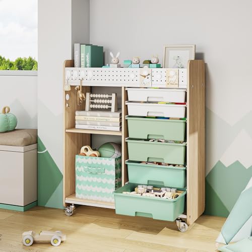 Rolling Craft Cart with 6 Drawers, Pegboard and Locking Wheels Green | Ample multi-zone storage, 2 open shelves, art cart for classrooms, homeschool and offices, sturdy wood-metal frame - color: Green