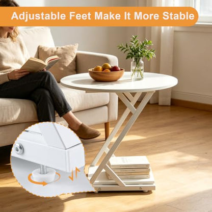 20In Small Round Side Table, 2-Tier White End Table with Z-Shaped Metal Frame, Round Accent Coffee Table with Storage Shelf, Modern Sofa Side Table for Living Room, Bedroom - color: 20in-white