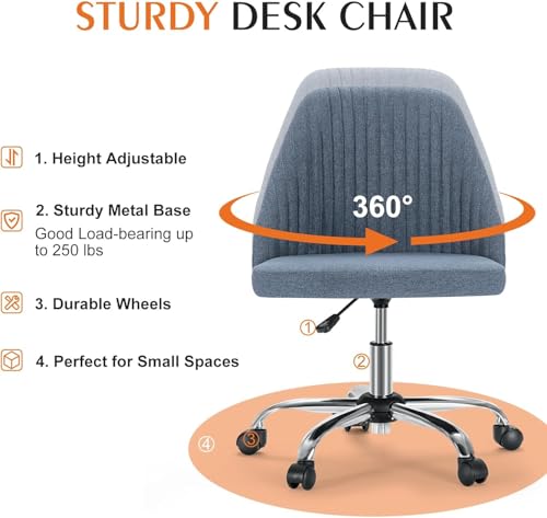 Simple Deluxe Armless Office Desk Chair, Modern Cute Swivel Vanity Chair Comfy Home Office Chairs with Wheels Height Adjustable Rolling Computer Task Stools for Living Room, Make-up, Bedroom, Blue - color: Blue