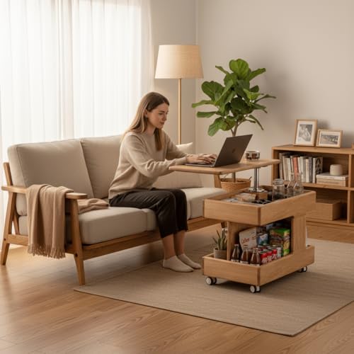 Small Lift Top Coffee Table with Wheels, Solid Wood Table with Storage | Lift top coffee table with hidden storage, rotating tabletop and wheels, designed for small spaces with no assembly required. - color: Natural