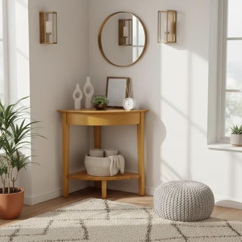 Furnifact Corner Desk/Table, Triangle Shape, Single Lower Shelf, Solid Wood, Space Saver, Honey Gold Finish, Compact