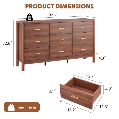 Garvee 9 Drawer Dresser, Modern Wooden Storage Chest of Drawers, Walnut | Freestanding Storage Organizer with Cylindrical Legs, Metal Handles & Anti-Tip, for Bedroom, Living Room, Hallway - color: Walnut