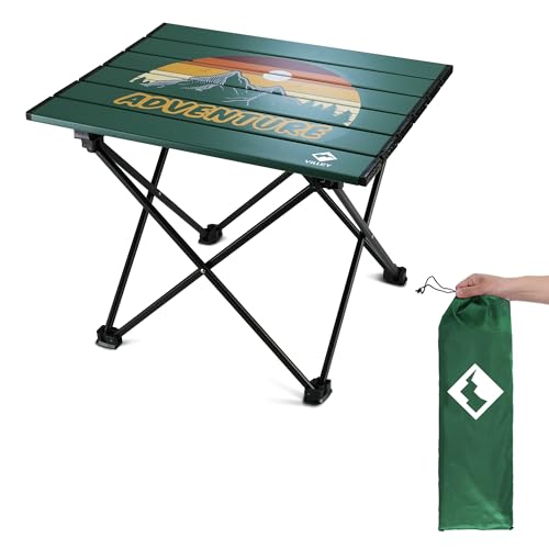 VILLEY Portable Camping Side Table, Ultralight Aluminum Folding Beach Table | Lightweight & Portable, Aluminum Folding Table with Carry Bag for Camping, Outdoor Cooking, Beach, Picnic, Boat & Travel - color: Green, size: Small 16'', style: Mountain Silhou