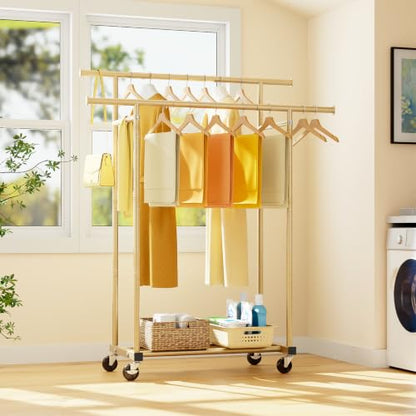HYSEYY Double Rods Clothes Rack, Sturdy Rolling Clothing Rack, Portable Clothing Racks for Hanging Clothes - Metal Garment Rack Wardrobe Coat Rack for Bedroom Laundry Living Room, Light Gold - color: Light Gold