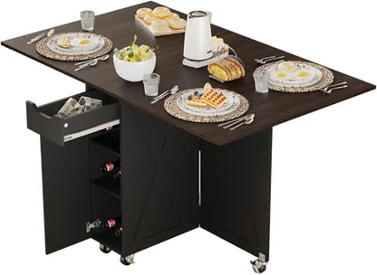 Folding Dining Table for 2-6, Easy Assembly, Dark Brown+Black | 52.7" Folding Dining Table with 6 Wheels, Drop Leaf Table with Drawers, Shelves and Wine Rack for Small Spaces - color: Dark Brown