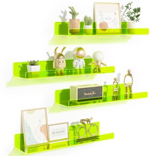 upsimples 4 Pcs 15" Acrylic Shelves for Wall Display, Fluorescent Green | Cute Floating Shelf for Perfume, Skincare, Nail Polish, Wall Organizer for Bedroom, Living Room, Playroom, Room Décor - color: Fluorescent Green