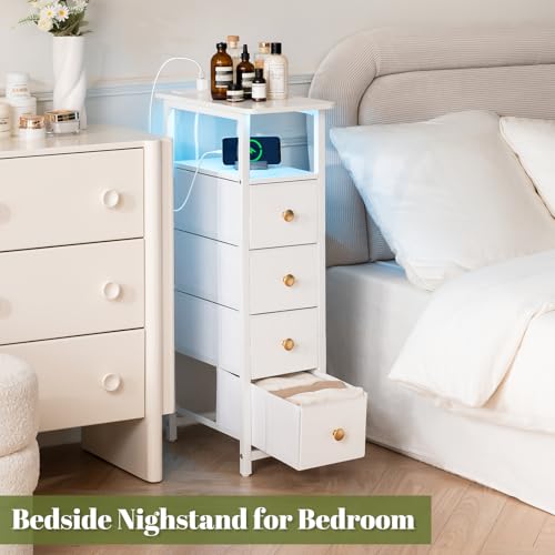 Yoobure LED Narrow Nightstand with Charging Station - Slim Dresser for Bedroom Narrow Side Table Storage Cabinet, Small Dressers Chest of Drawers, Tall Night Stand End Table for Small Spaces, White - color: White