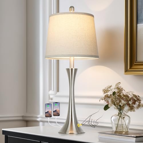 Rinweey 27.5" Silver Table Lamps, Touch Bedside Lamps with USB C+A Ports, 3 Way Dimmable Nightstand Lamps for Bedroom, Living Room, Office, Silver Lamp with Beige Lampshade, Bulbs Included (1 Pack) - color: Silver (1 Pack)