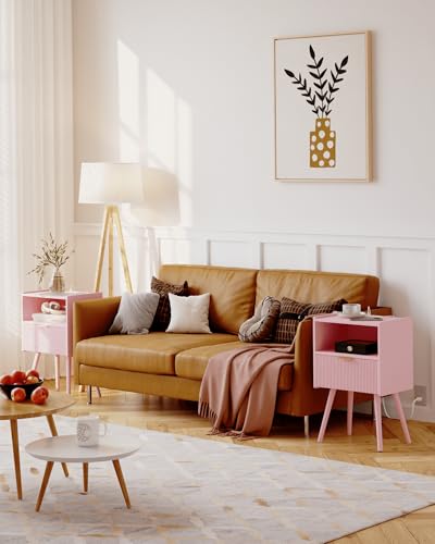 Nightstand with Oultlet,Modern Bedside Table with Storage Drawer and Open Wood Shelf, for Living Room, Bedroom and Small Spaces, Accent Night Stand with Solid Wood Legs, Easy Assembly,Pink - color: Pink-outlet
