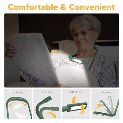 Neck Reading Light, 80-hr Lasting Rechargeable Book Light Wide Lamp | 3 Color Stepless Dimming Neck Light,Bright Dual Lamps, Wearable, Bendable Arms Booklight, Knitting Crochet Accessories Crafts - color: Green