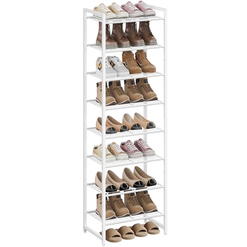 Nunsino Narrow Shoe Rack, 8-Tier Metal Shoe Organizer,Tall Shoe Shelf with Anti-Tip Strap, Max Holds 18 Pairs,Space Saving for Closet,Entryway,White - color: White, size: 8 Tier